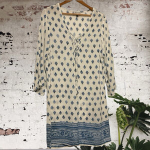 J. Valdi blue & white boho paisley print long sleeve dress Size L